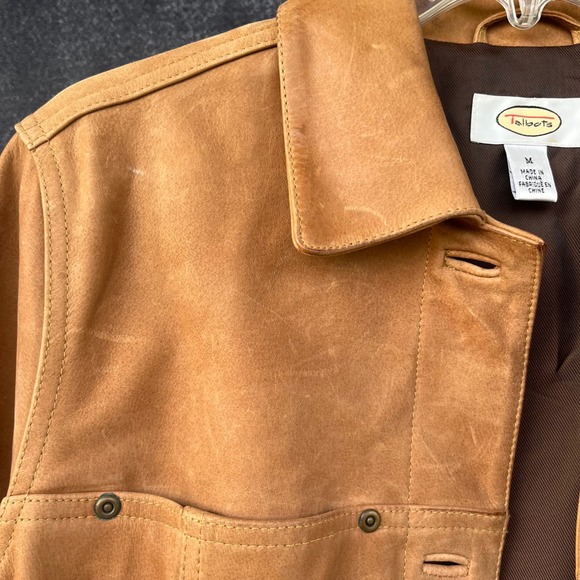 Talbots Womens Tan 100% Leather Patina Vintage Trucker Jacket Medium Camel Honey - Picture 8 of 9